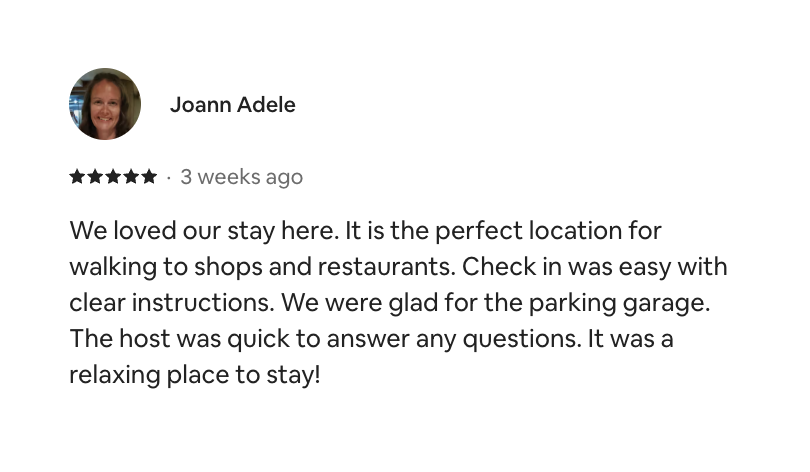Airbnb guest review - Joann Adele